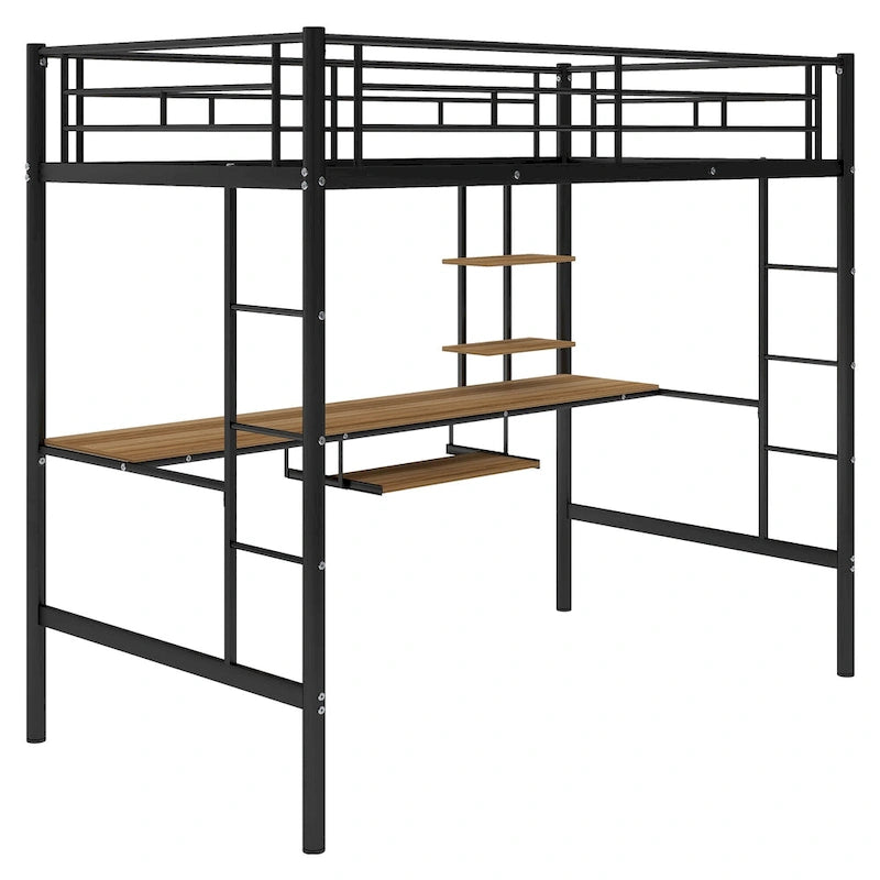 Twin Size Metal Loft Bed with Desk and Shelf, Space for Kids, Bedroom