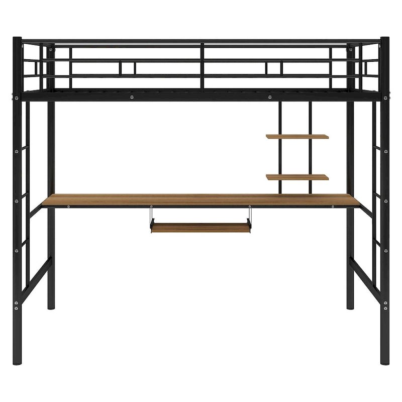 Twin Size Metal Loft Bed with Desk and Shelf, Space for Kids, Bedroom