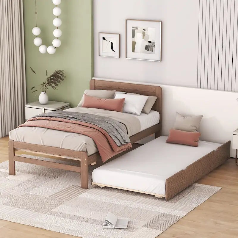 Brown Wood Twin Size Platform Bed Frame with Trundle, Rubberwood &, Modern Design, Space-saving