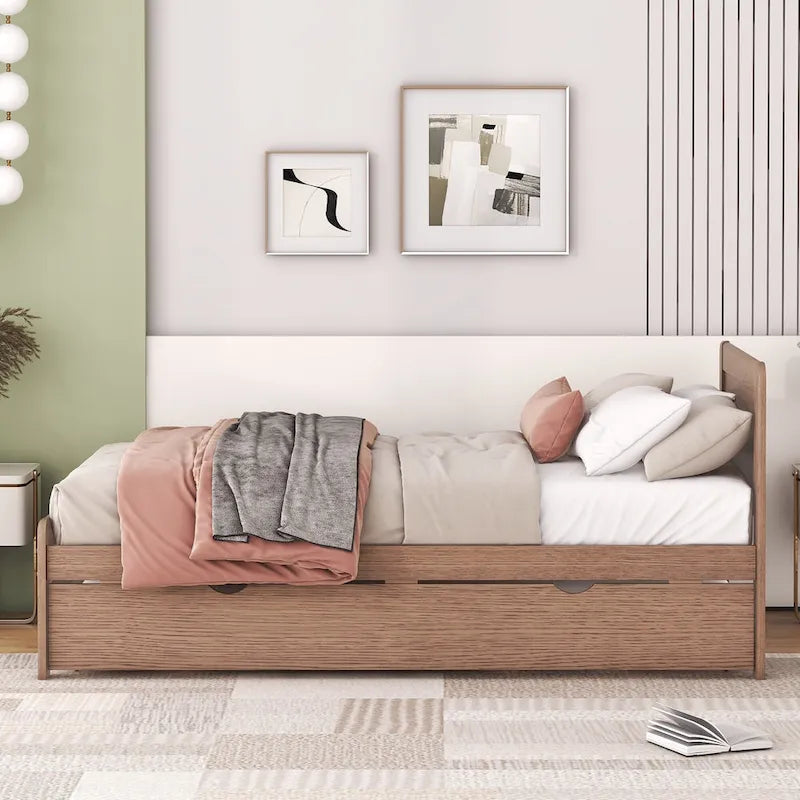 Brown Wood Twin Size Platform Bed Frame with Trundle, Rubberwood &, Modern Design, Space-saving