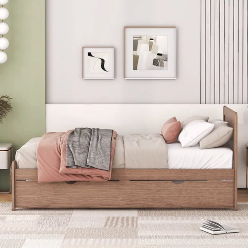 Brown Wood Twin Size Platform Bed Frame with Trundle, Rubberwood &, Modern Design, Space-saving
