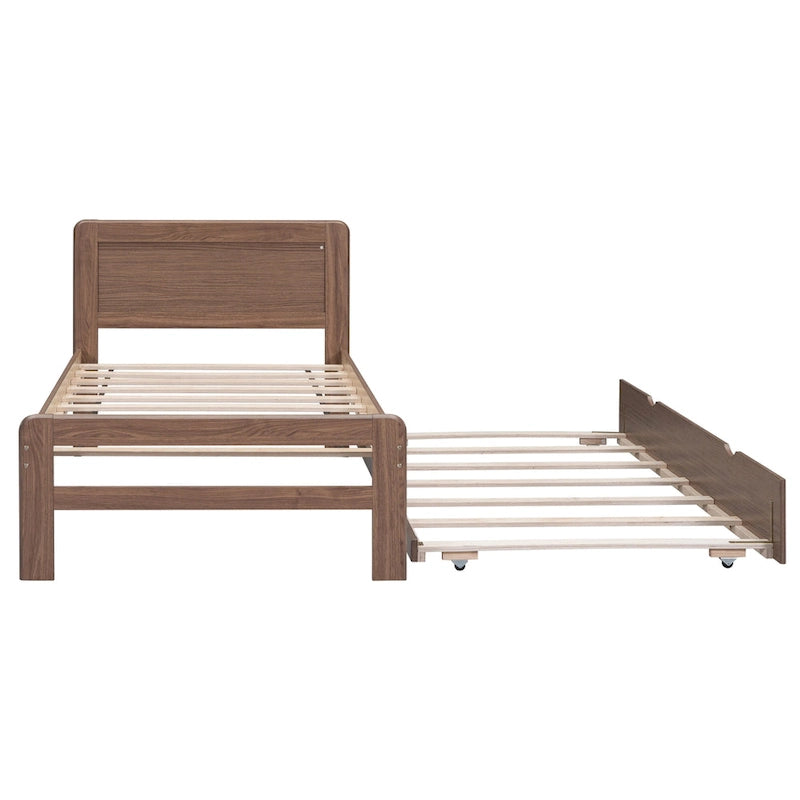 Brown Wood Twin Size Platform Bed Frame with Trundle, Rubberwood &, Modern Design, Space-saving