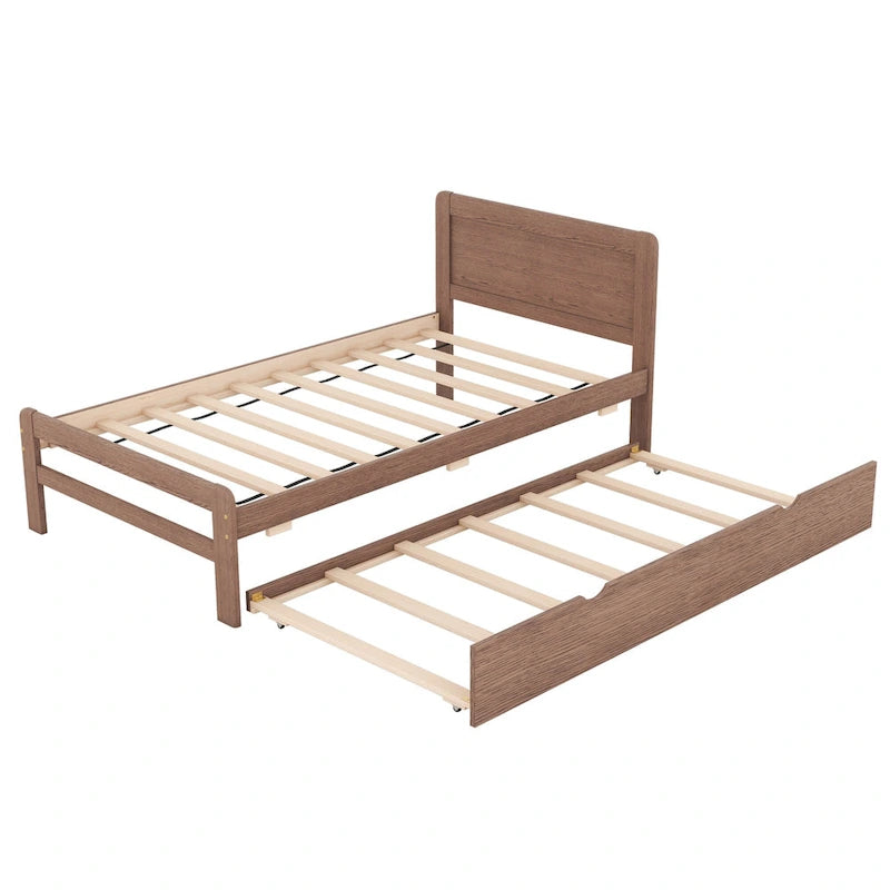 Brown Wood Twin Size Platform Bed Frame with Trundle, Rubberwood &, Modern Design, Space-saving