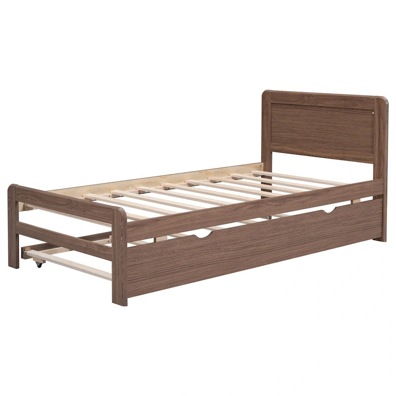 Brown Wood Twin Size Platform Bed Frame with Trundle, Rubberwood &, Modern Design, Space-saving