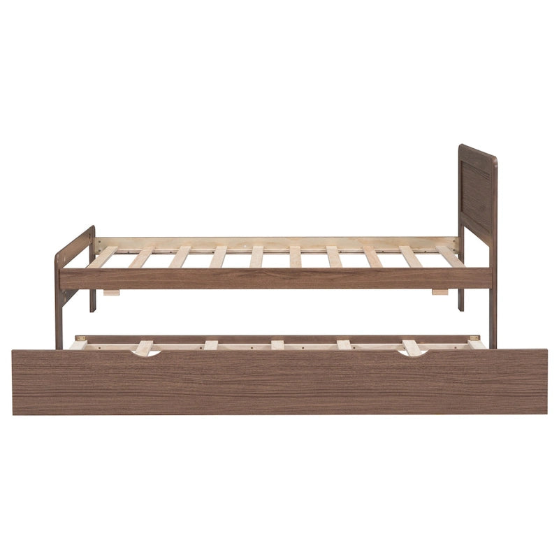Brown Wood Twin Size Platform Bed Frame with Trundle, Rubberwood &, Modern Design, Space-saving