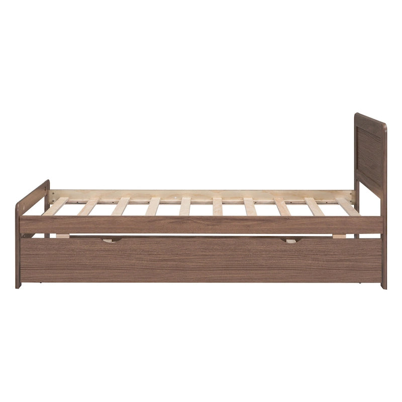 Brown Wood Twin Size Platform Bed Frame with Trundle, Rubberwood &, Modern Design, Space-saving