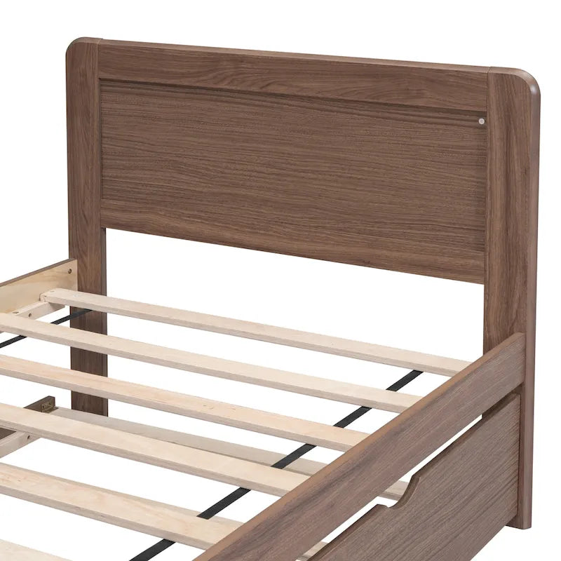 Brown Wood Twin Size Platform Bed Frame with Trundle, Rubberwood &, Modern Design, Space-saving