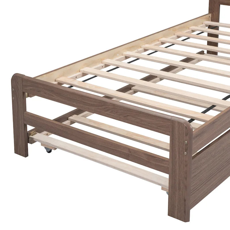 Brown Wood Twin Size Platform Bed Frame with Trundle, Rubberwood &, Modern Design, Space-saving