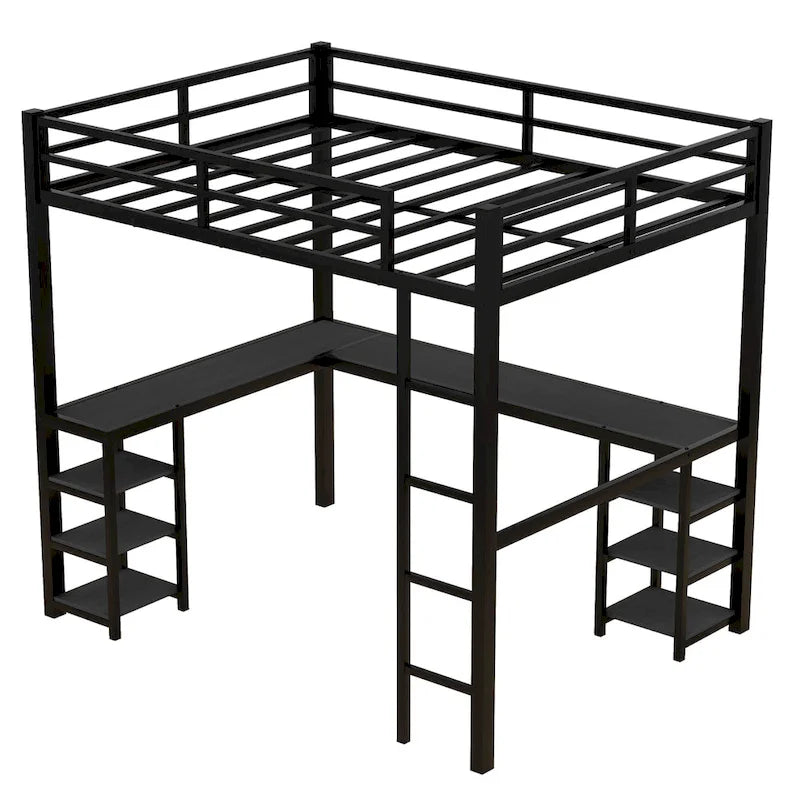 Black Full Size Metal Loft Bed with Desk and Shelves, Ladder, and Guardrails