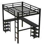 Letto a soppalco nero in metallo Full Size con scrivania e ripiani, scala e sponde di sicurezza