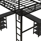 Letto a soppalco nero in metallo Full Size con scrivania e ripiani, scala e sponde di sicurezza
