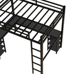 Letto a soppalco nero in metallo Full Size con scrivania e ripiani, scala e sponde di sicurezza