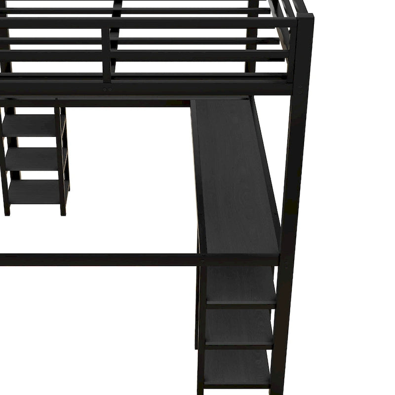 Black Full Size Metal Loft Bed with Desk and Shelves, Ladder, and Guardrails