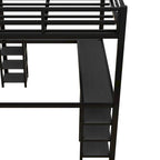 Letto a soppalco nero in metallo Full Size con scrivania e ripiani, scala e sponde di sicurezza
