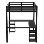 Letto a soppalco nero in metallo Full Size con scrivania e ripiani, scala e sponde di sicurezza