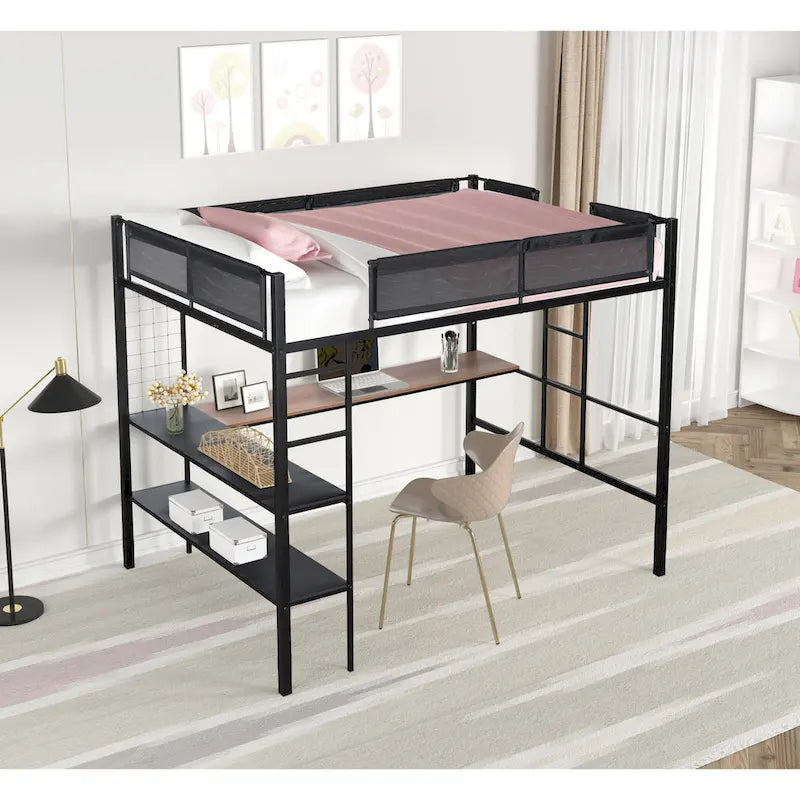 Full Size Metal Stell Loft Bed with Desk, Shelves, Noise-free Wood Slats and Comfortable Textilene Guardrail