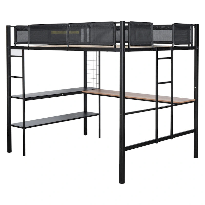 Full Size Metal Stell Loft Bed with Desk, Shelves, Noise-free Wood Slats and Comfortable Textilene Guardrail