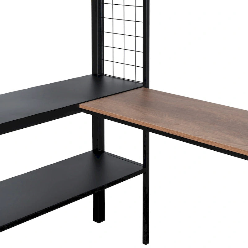Full Size Metal Stell Loft Bed with Desk, Shelves, Noise-free Wood Slats and Comfortable Textilene Guardrail