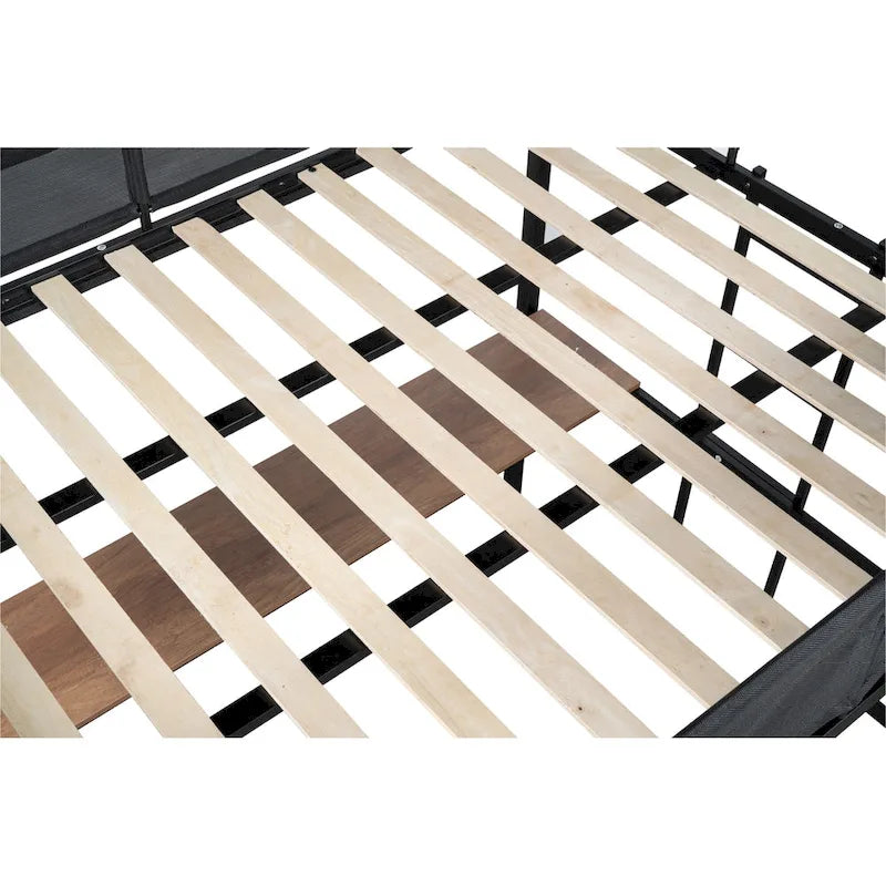 Full Size Metal Stell Loft Bed with Desk, Shelves, Noise-free Wood Slats and Comfortable Textilene Guardrail