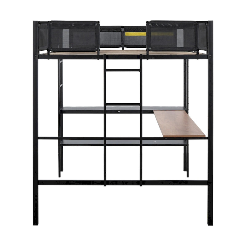 Full Size Metal Stell Loft Bed with Desk, Shelves, Noise-free Wood Slats and Comfortable Textilene Guardrail