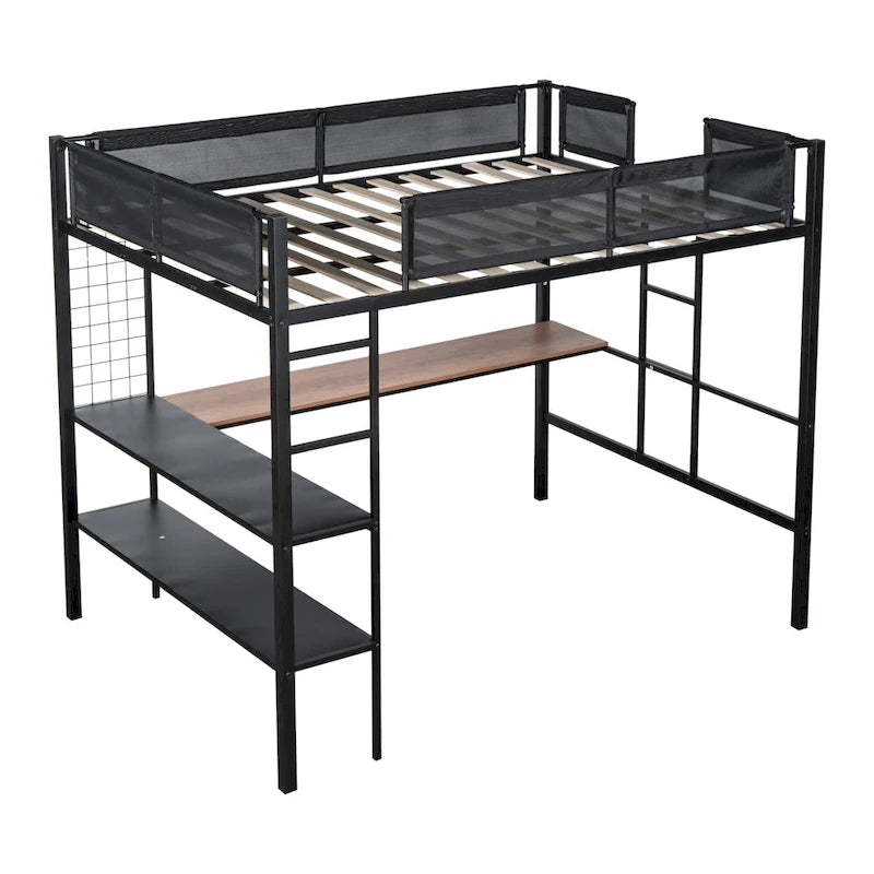 Full Size Metal Stell Loft Bed with Desk, Shelves, Noise-free Wood Slats and Comfortable Textilene Guardrail