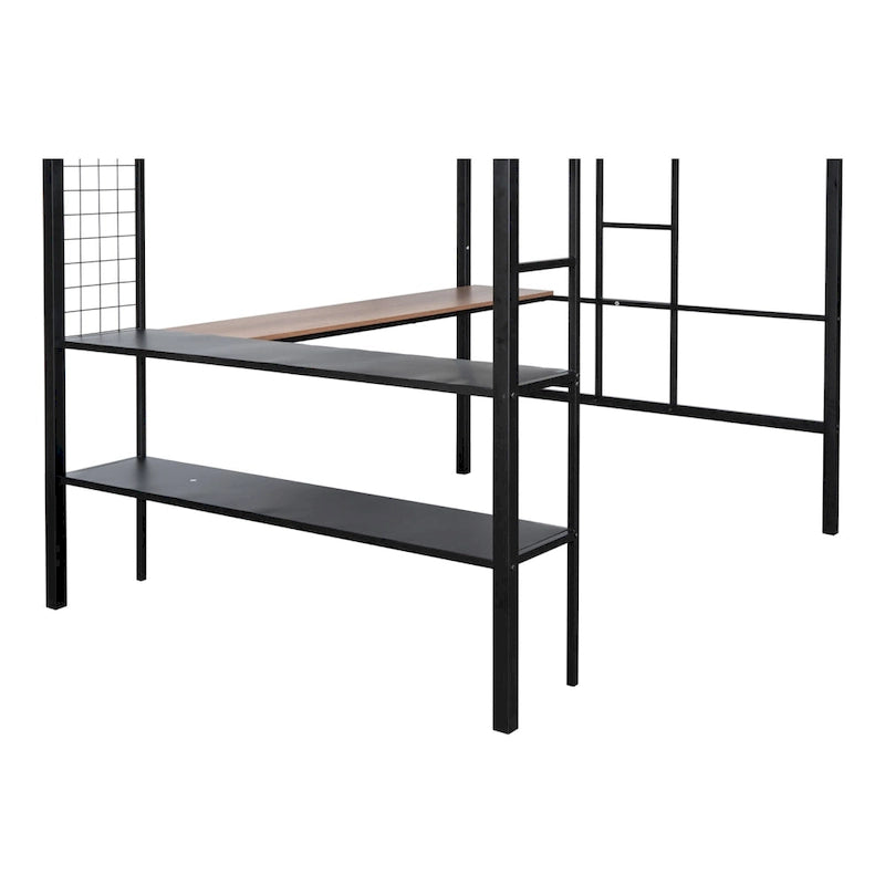 Full Size Metal Stell Loft Bed with Desk, Shelves, Noise-free Wood Slats and Comfortable Textilene Guardrail