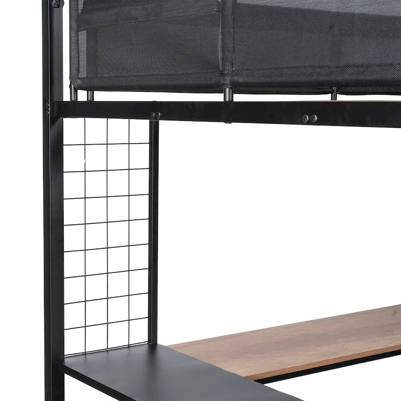 Full Size Metal Stell Loft Bed with Desk, Shelves, Noise-free Wood Slats and Comfortable Textilene Guardrail