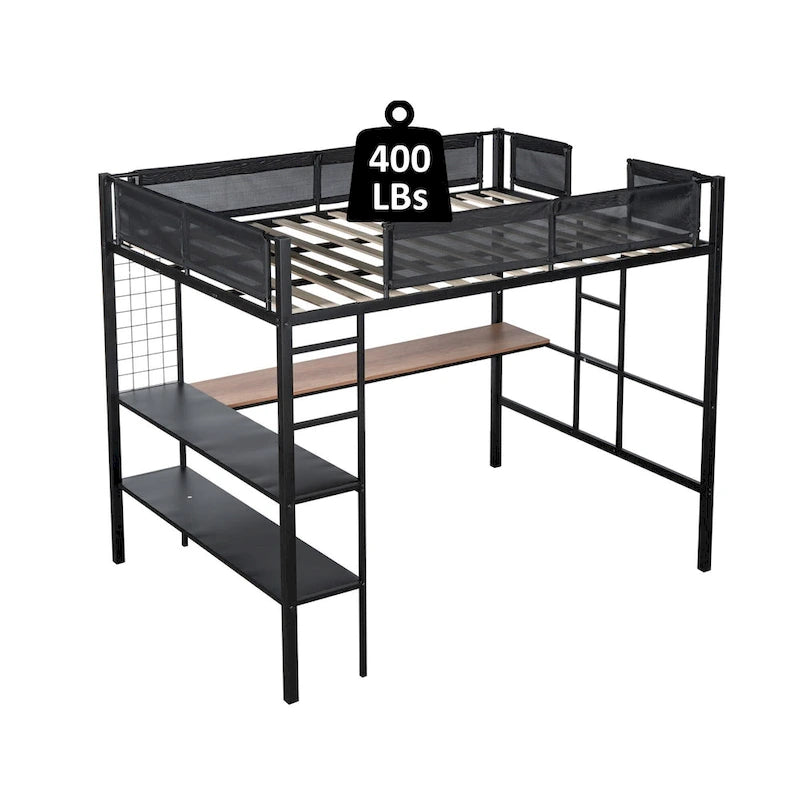 Full Size Metal Stell Loft Bed with Desk, Shelves, Noise-free Wood Slats and Comfortable Textilene Guardrail