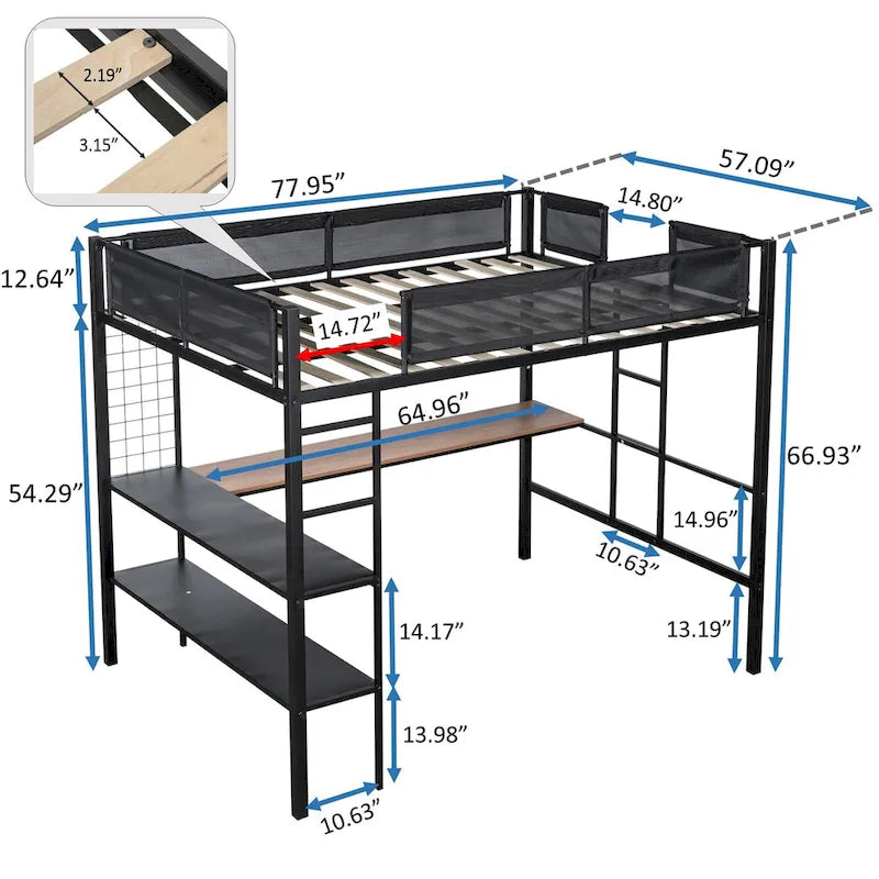 Full Size Metal Stell Loft Bed with Desk, Shelves, Noise-free Wood Slats and Comfortable Textilene Guardrail