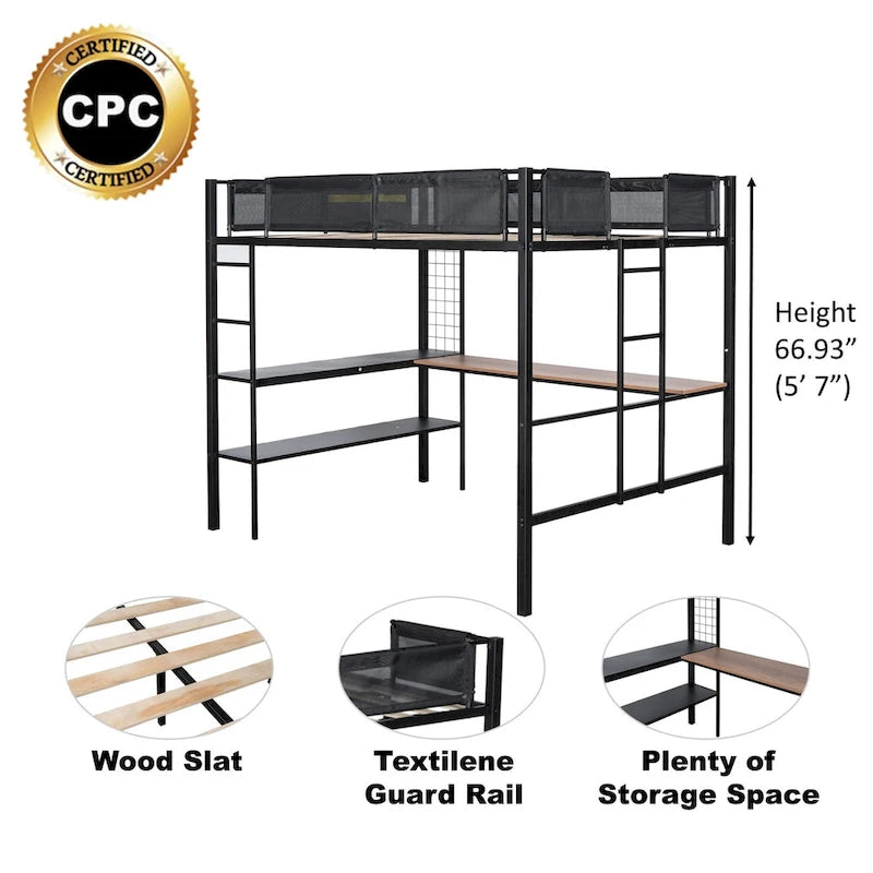 Full Size Metal Stell Loft Bed with Desk, Shelves, Noise-free Wood Slats and Comfortable Textilene Guardrail