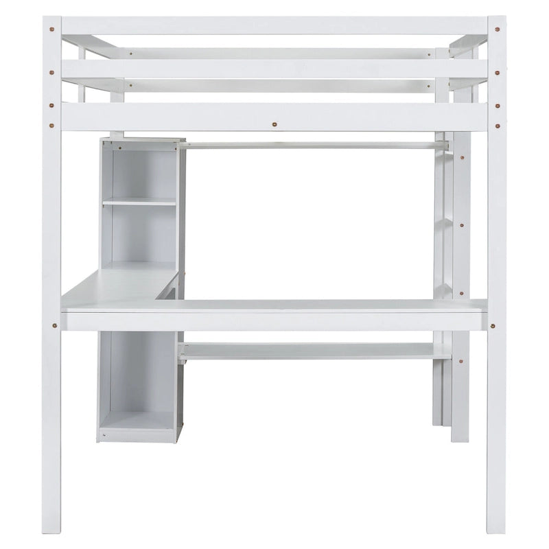 Solid Wood Loft Bed with L-shaped Desk, Wardrobe, and Shelves