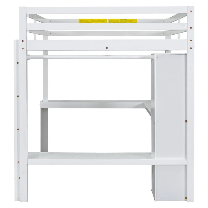 Solid Wood Loft Bed with L-shaped Desk, Wardrobe, and Shelves
