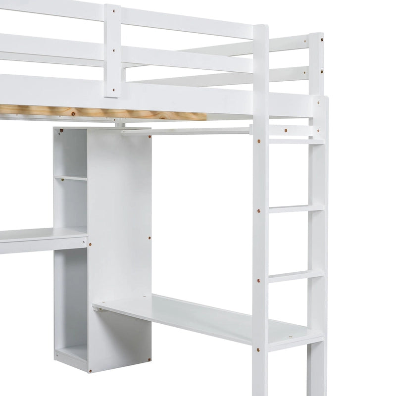 Solid Wood Loft Bed with L-shaped Desk, Wardrobe, and Shelves