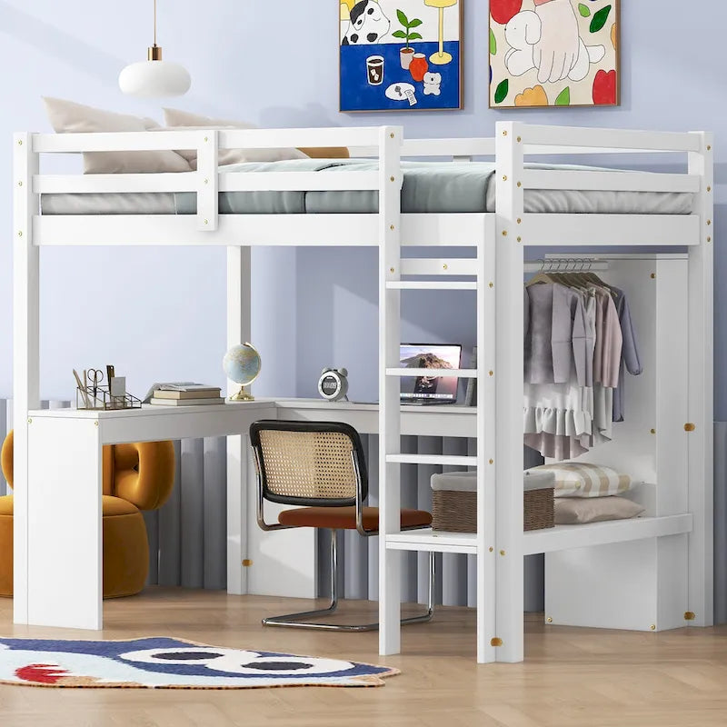 Solid Wood Loft Bed with L-shaped Desk, Wardrobe, and Shelves