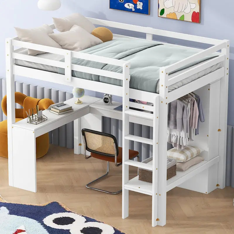 Solid Wood Loft Bed with L-shaped Desk, Wardrobe, and Shelves