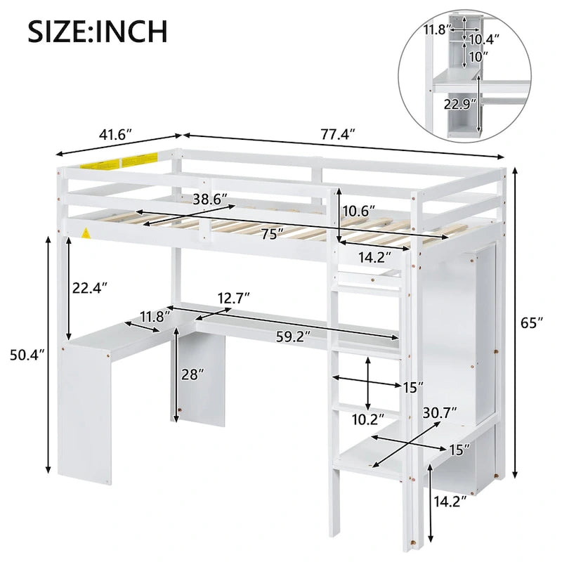 Solid Wood Loft Bed with L-shaped Desk, Wardrobe, and Shelves