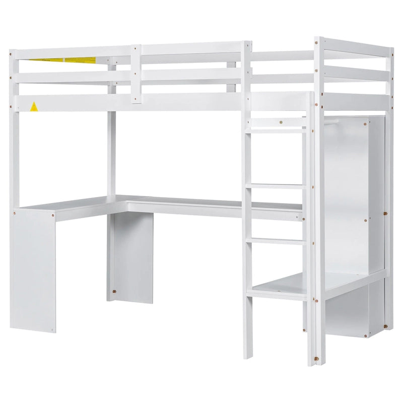 Solid Wood Loft Bed with L-shaped Desk, Wardrobe, and Shelves