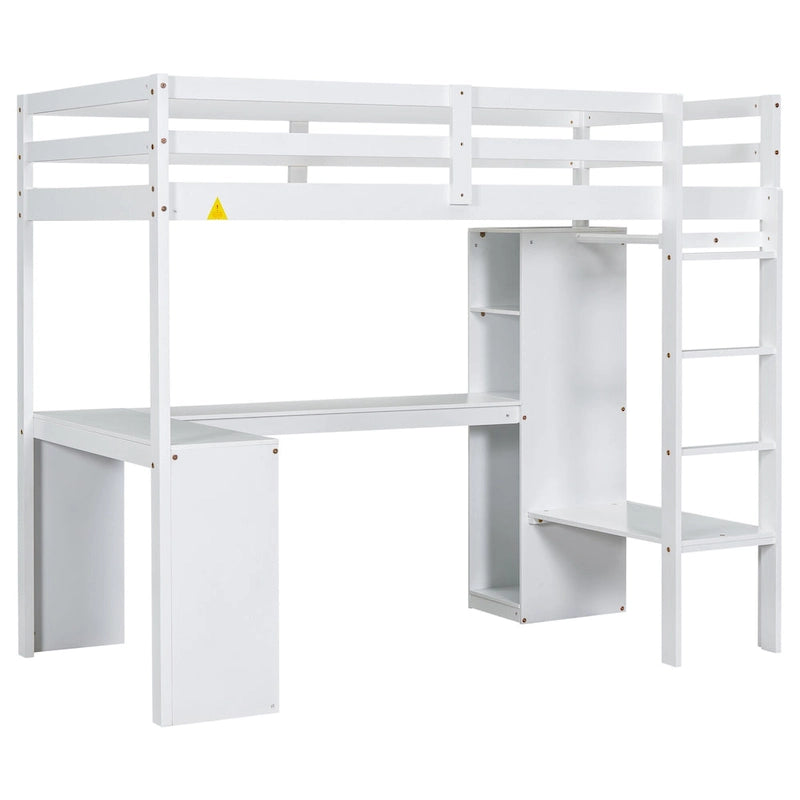 Solid Wood Loft Bed with L-shaped Desk, Wardrobe, and Shelves