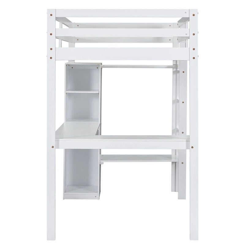 Solid Wood Loft Bed with L-shaped Desk, Wardrobe, and Shelves