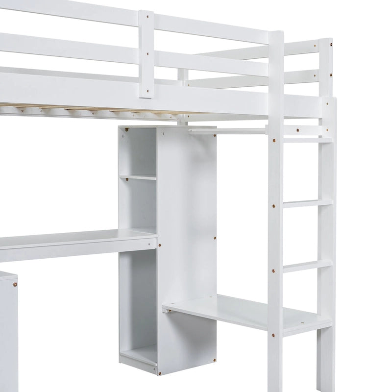 Solid Wood Loft Bed with L-shaped Desk, Wardrobe, and Shelves