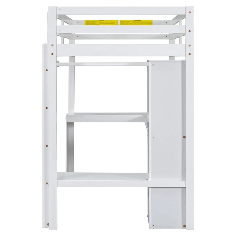 Solid Wood Loft Bed with L-shaped Desk, Wardrobe, and Shelves