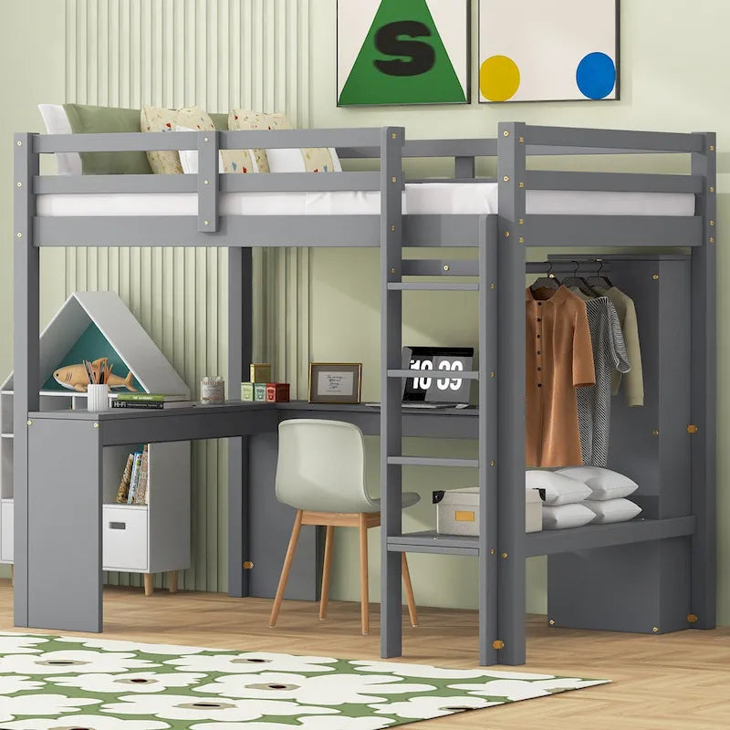 Solid Wood Loft Bed with L-shaped Desk, Wardrobe, and Shelves