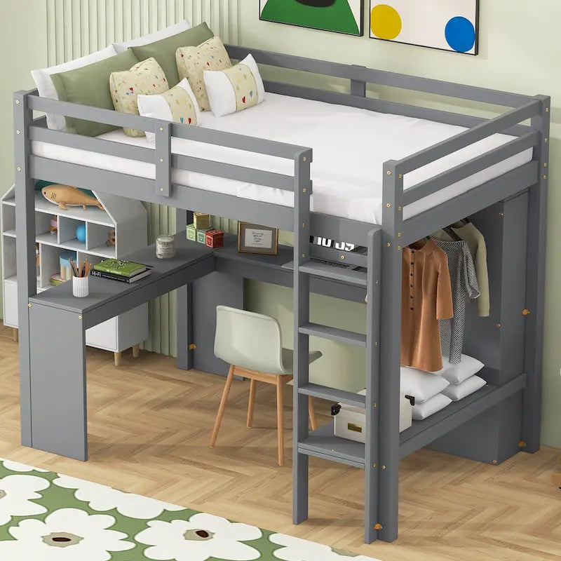 Solid Wood Loft Bed with L-shaped Desk, Wardrobe, and Shelves