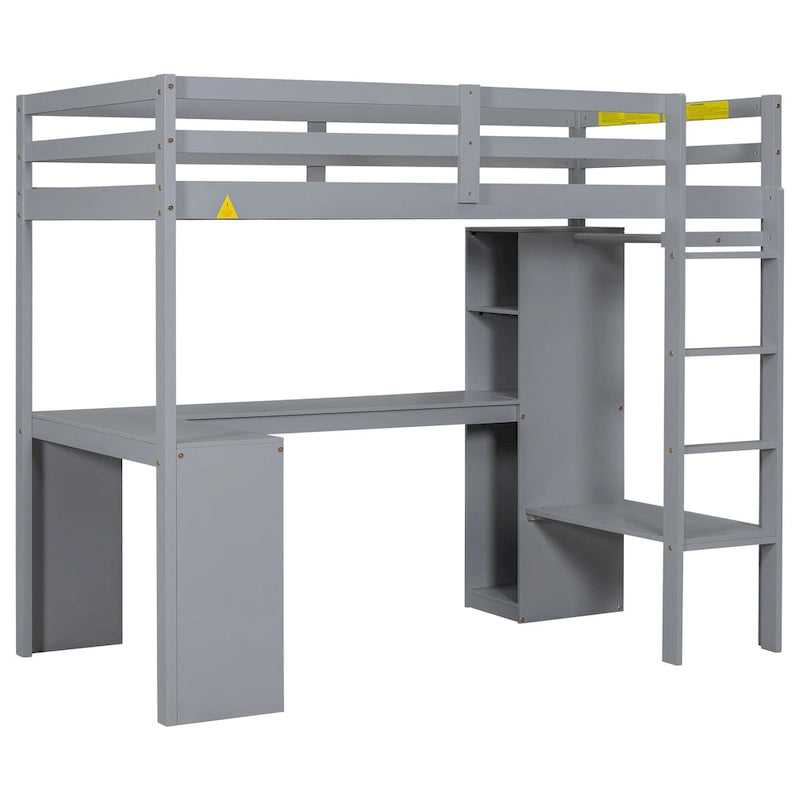 Solid Wood Loft Bed with L-shaped Desk, Wardrobe, and Shelves