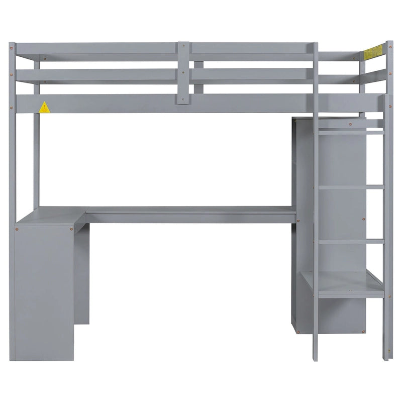 Solid Wood Loft Bed with L-shaped Desk, Wardrobe, and Shelves