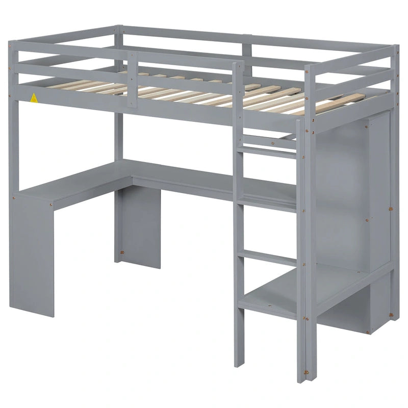 Solid Wood Loft Bed with L-shaped Desk, Wardrobe, and Shelves