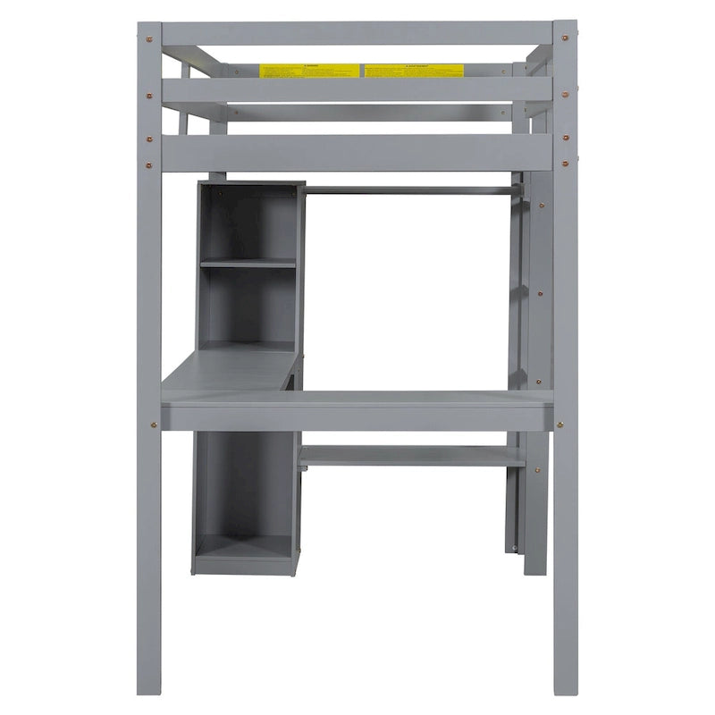 Solid Wood Loft Bed with L-shaped Desk, Wardrobe, and Shelves
