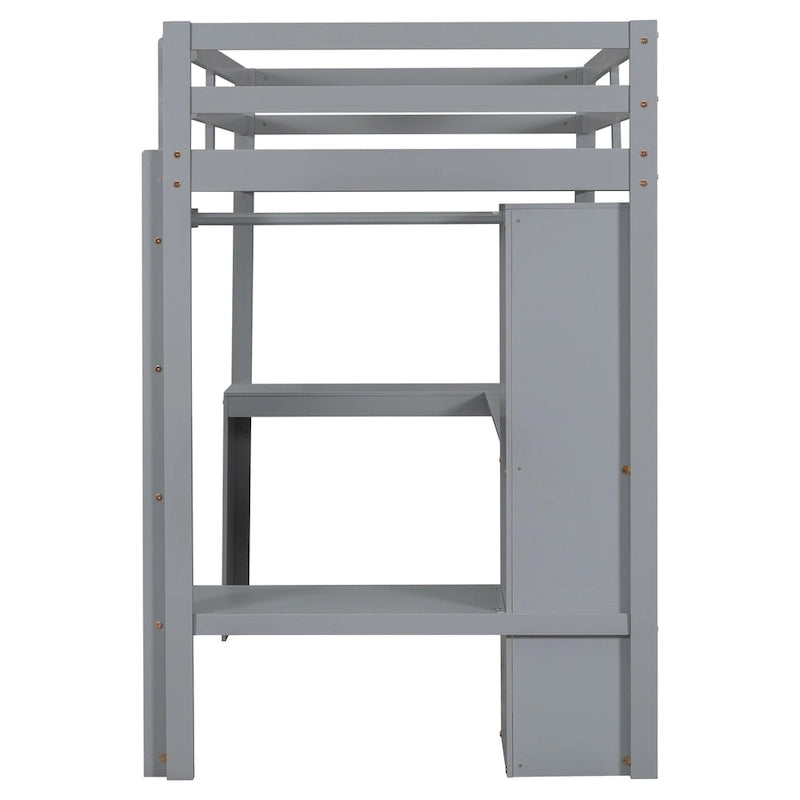 Solid Wood Loft Bed with L-shaped Desk, Wardrobe, and Shelves