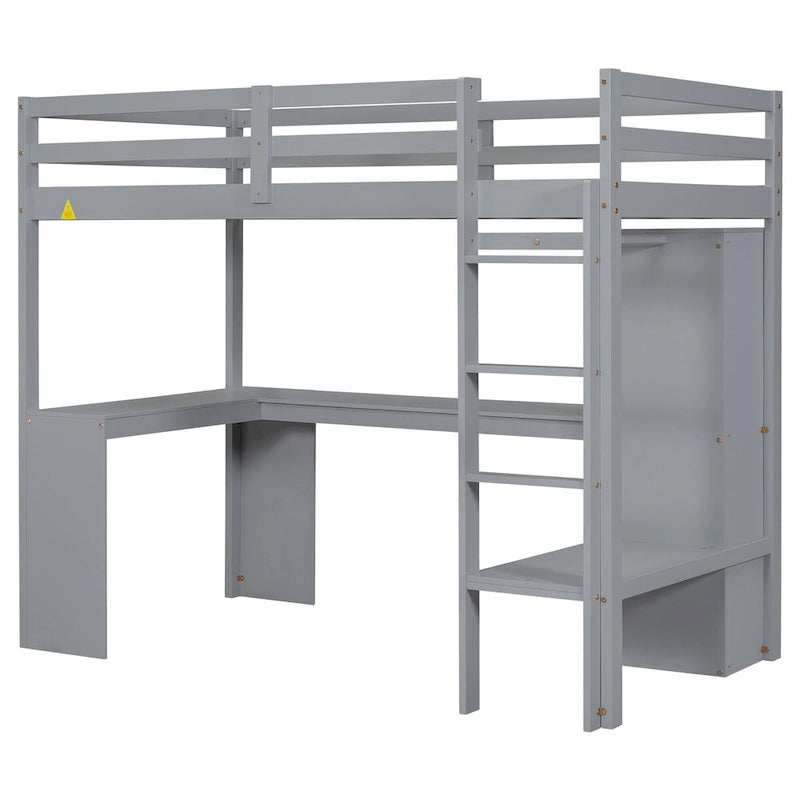 Solid Wood Loft Bed with L-shaped Desk, Wardrobe, and Shelves