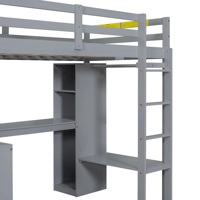 Solid Wood Loft Bed with L-shaped Desk, Wardrobe, and Shelves
